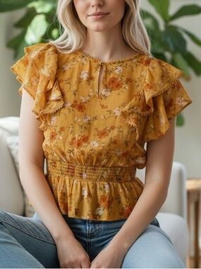 Mine Yellow Floral Boho Ruffle Sleeve Peplum Blouse Size M